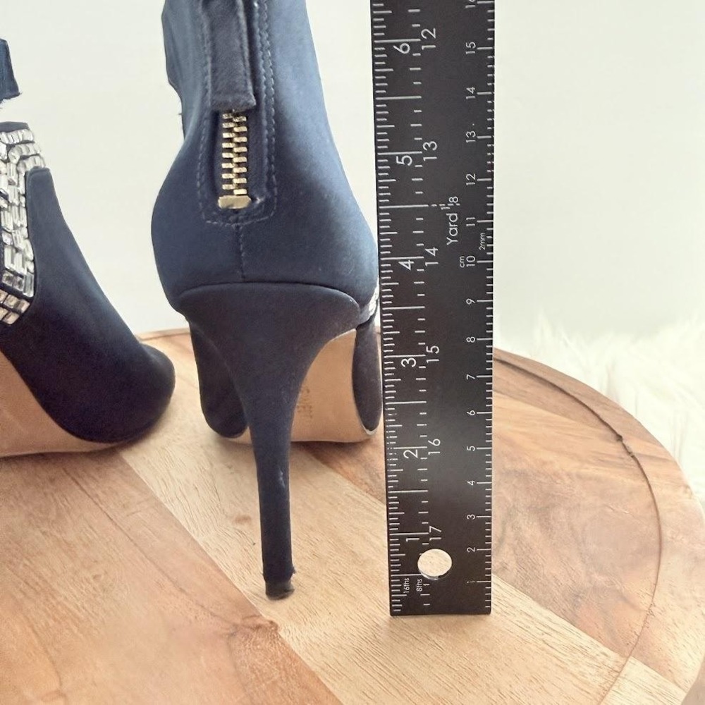 Nine West Navy Blue Satin Crystal Embellished Peep Toe Booties Heels Size 7M - Picture 6 of 12
